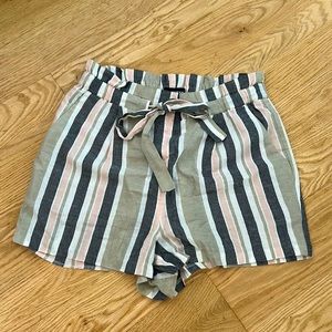 Express sage green, light pink, charcoal gray, and white striped shorts